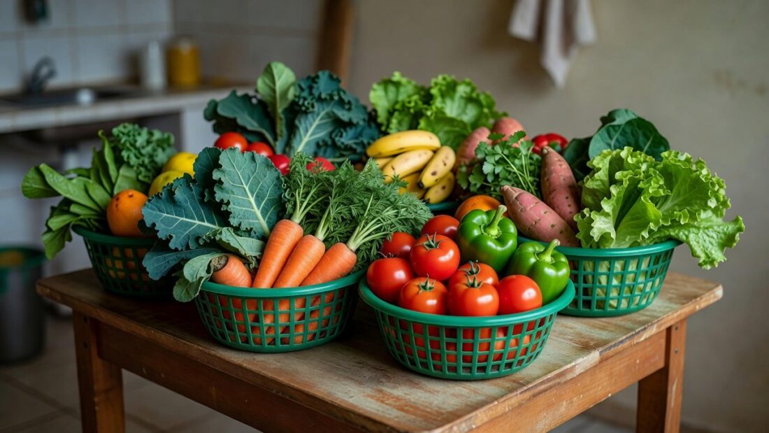 Cestas verdes com vegetais frescos para beneficiários do Cartão Prato Cheio no DF
