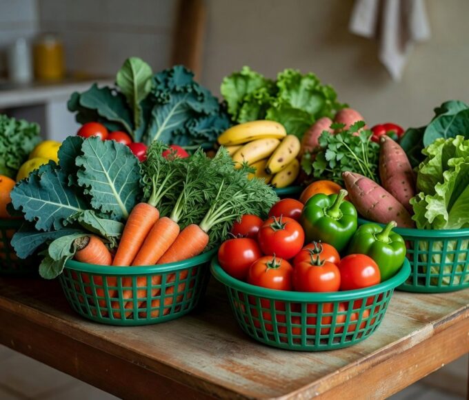 Cestas verdes com vegetais frescos para beneficiários do Cartão Prato Cheio no DF