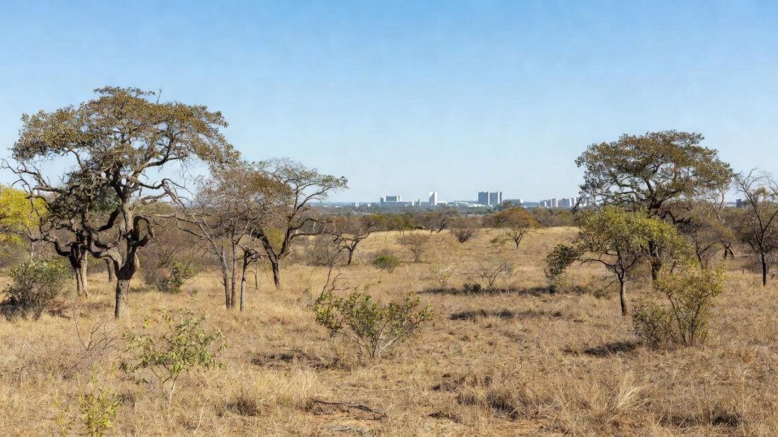 Paisagem seca do Cerrado no Distrito Federal com alerta de baixa umidade