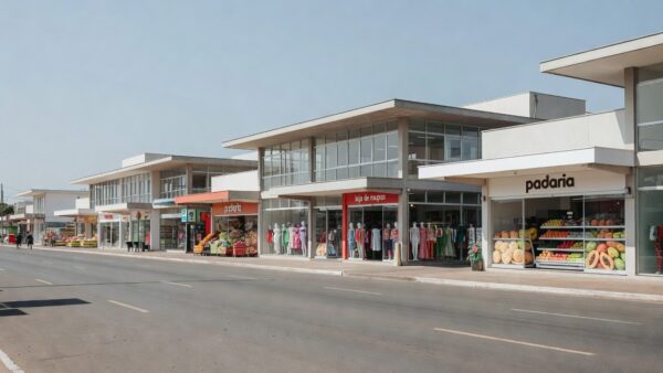 Área comercial em Brasília com fachadas de lojas do setor de comércio no DF