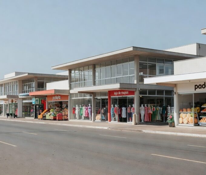 Área comercial em Brasília com fachadas de lojas do setor de comércio no DF