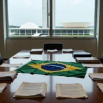 Mesa com documentos e bandeiras do MDB em sala de reuniões em Brasília