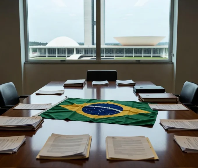 Mesa com documentos e bandeiras do MDB em sala de reuniões em Brasília
