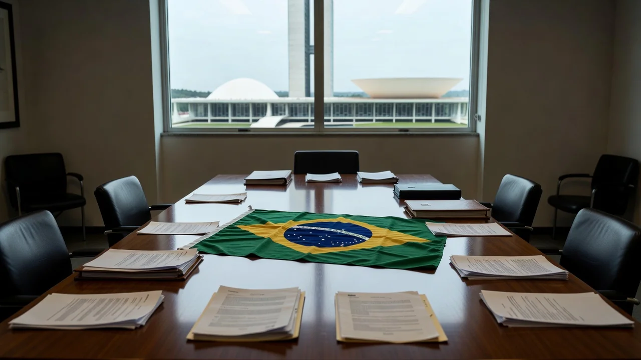 Mesa com documentos e bandeiras do MDB em sala de reuniões em Brasília