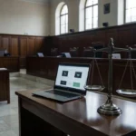 Tribunal brasileiro com laptop e balança da justiça representando decisão sobre anúncios online