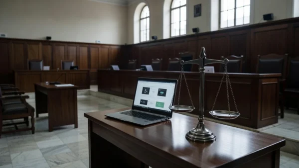 Tribunal brasileiro com laptop e balança da justiça representando decisão sobre anúncios online