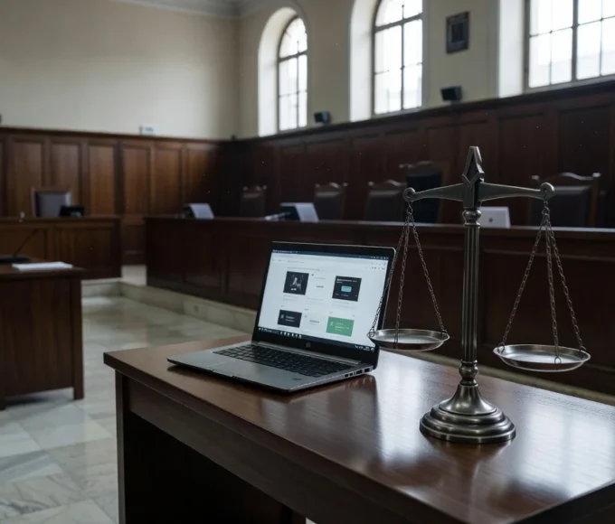 Tribunal brasileiro com laptop e balança da justiça representando decisão sobre anúncios online