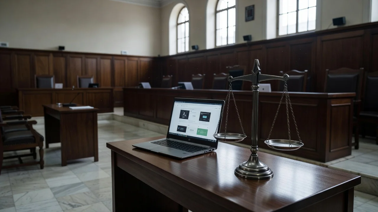 Tribunal brasileiro com laptop e balança da justiça representando decisão sobre anúncios online