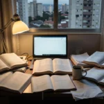 Mesa com livros, notebook e documentos representando exaustão de estudantes do DF conciliando trabalho e estudos