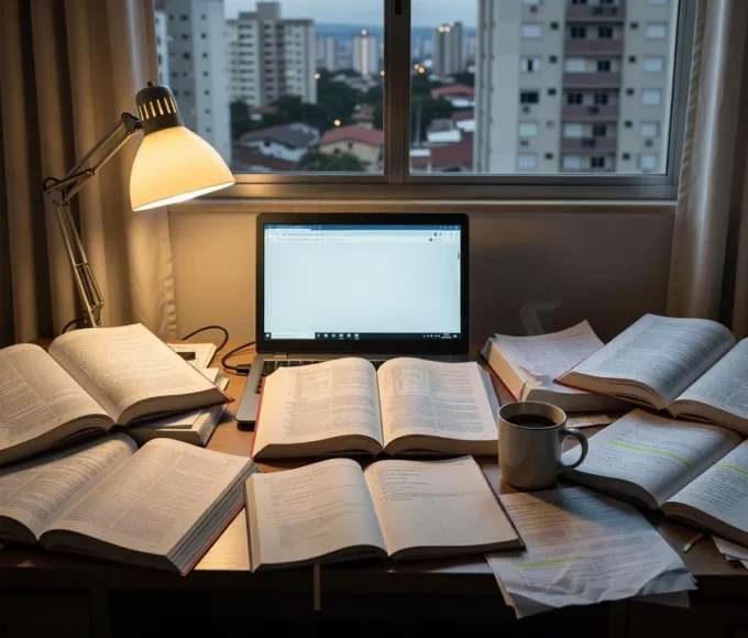 Mesa com livros, notebook e documentos representando exaustão de estudantes do DF conciliando trabalho e estudos