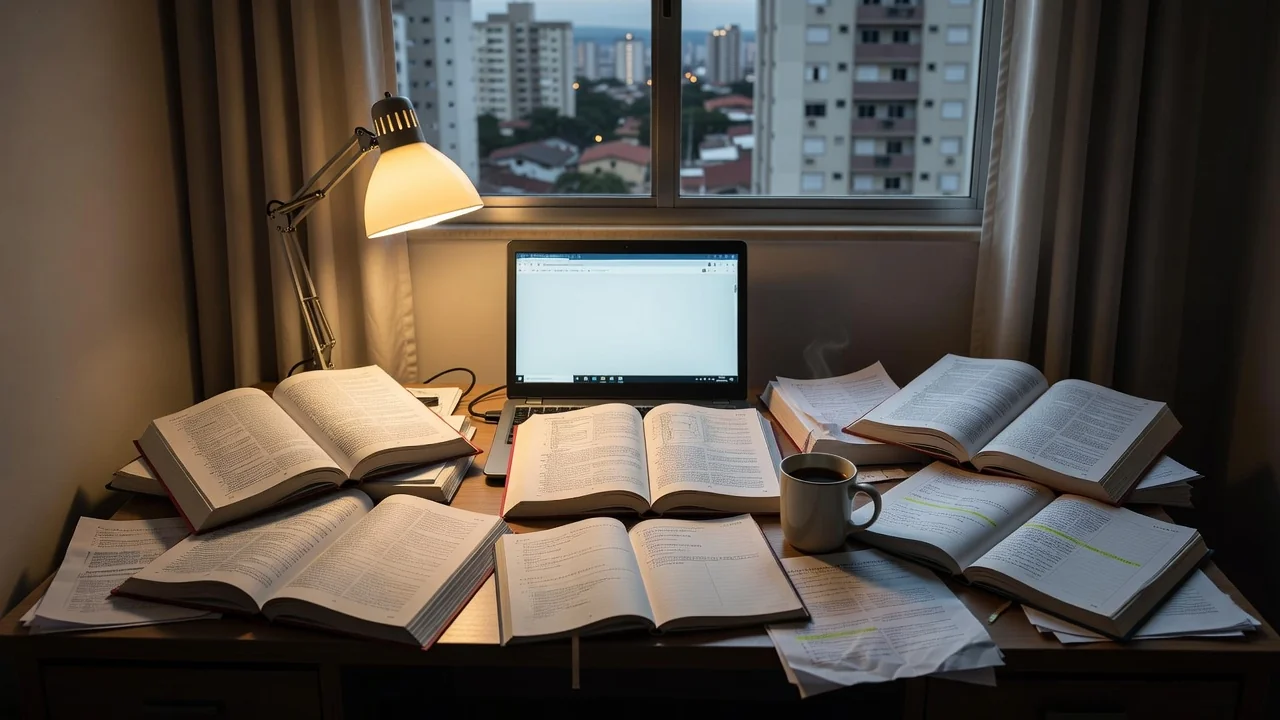 Mesa com livros, notebook e documentos representando exaustão de estudantes do DF conciliando trabalho e estudos