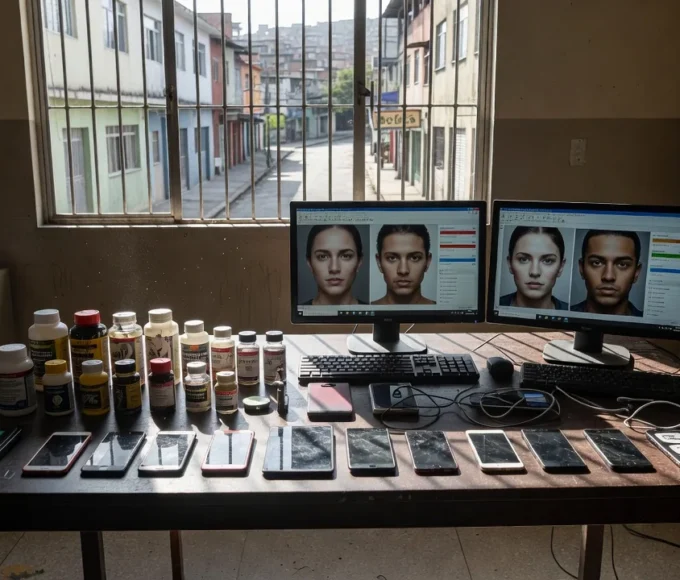 Evidências apreendidas em operação policial contra quadrilha de deepfakes e suplementos ilegais