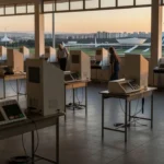 Seção eleitoral vazia no Distrito Federal com urnas eletrônicas