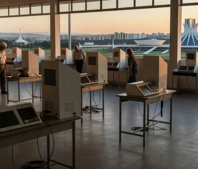 Seção eleitoral vazia no Distrito Federal com urnas eletrônicas