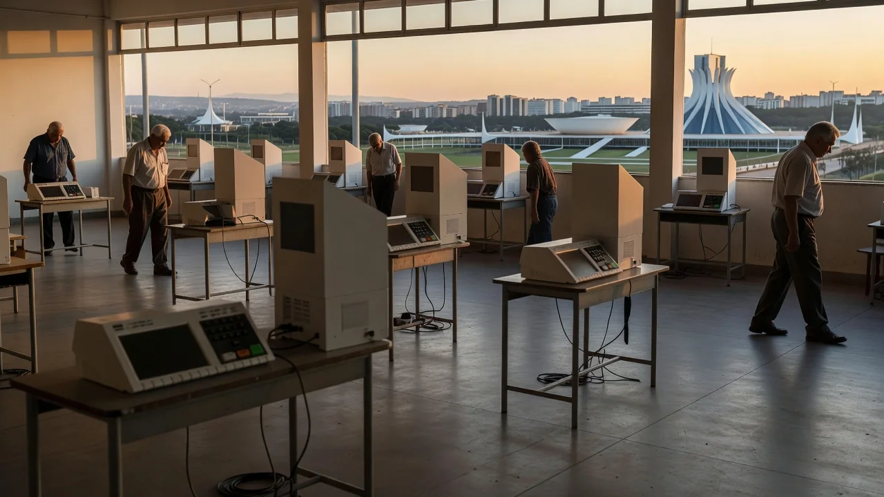Seção eleitoral vazia no Distrito Federal com urnas eletrônicas