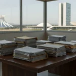 Mesa com pilhas de documentos representando burocracia em emendas parlamentares no DF