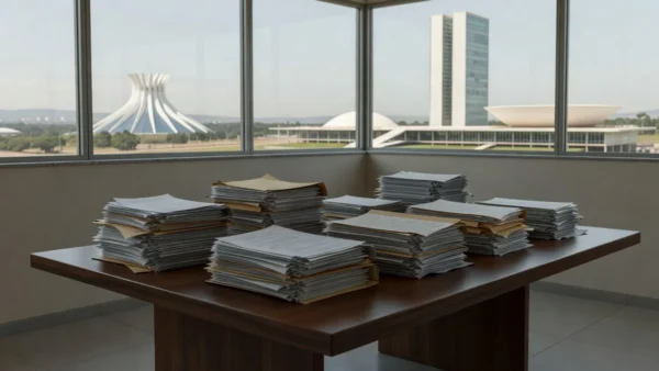 Mesa com pilhas de documentos representando burocracia em emendas parlamentares no DF