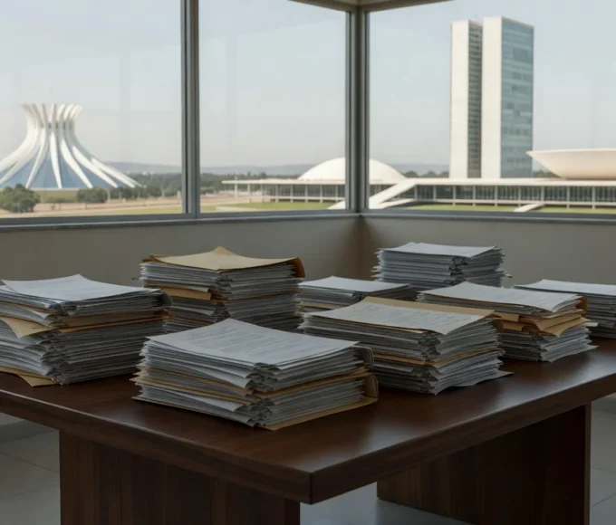 Mesa com pilhas de documentos representando burocracia em emendas parlamentares no DF