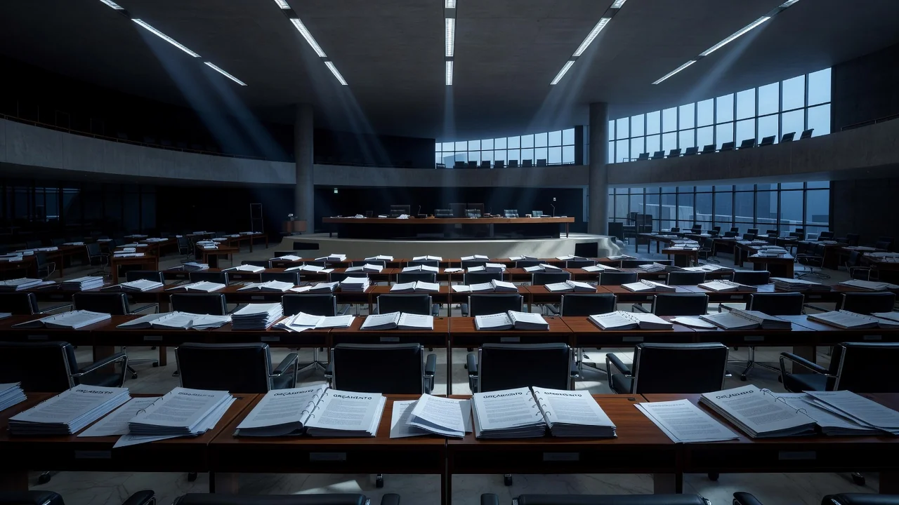 Plenário da Câmara Legislativa do DF com documentos de orçamento