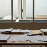 Escritório governamental em Brasília com documentos de auditoria e vista para o Congresso Nacional