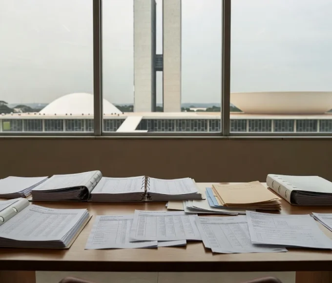 Escritório governamental em Brasília com documentos de auditoria e vista para o Congresso Nacional