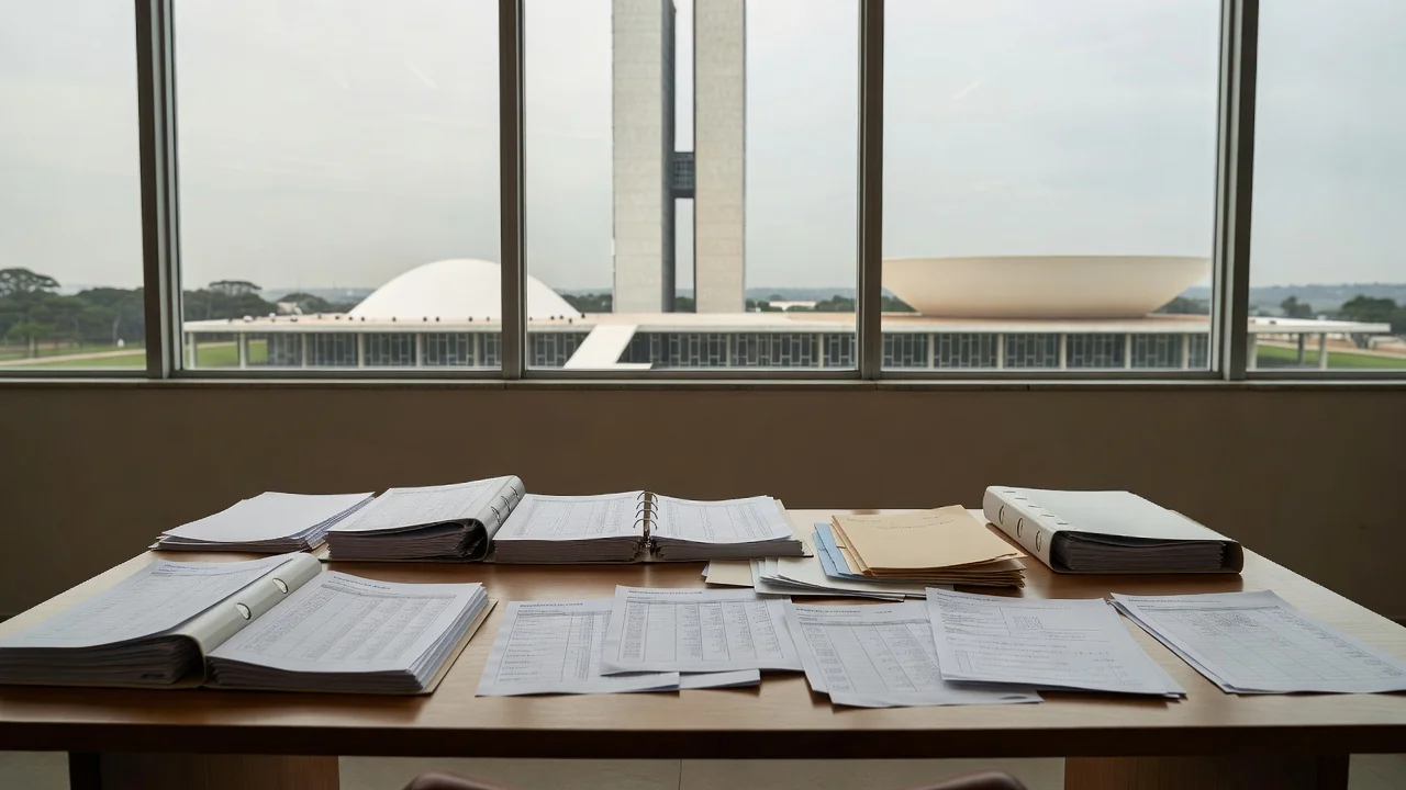 Escritório governamental em Brasília com documentos de auditoria e vista para o Congresso Nacional