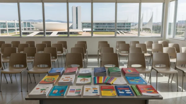 Sala de conferências em Brasília com materiais sobre sexualidade e planejamento familiar