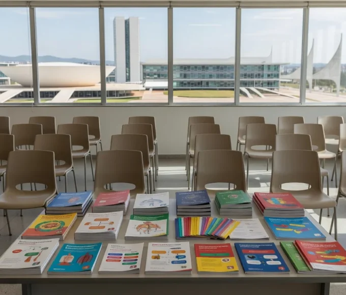 Sala de conferências em Brasília com materiais sobre sexualidade e planejamento familiar