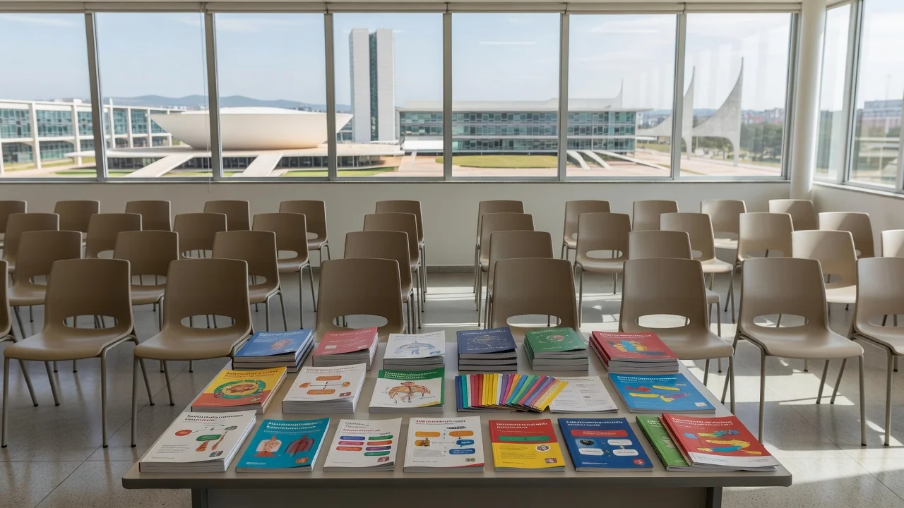 Sala de conferências em Brasília com materiais sobre sexualidade e planejamento familiar