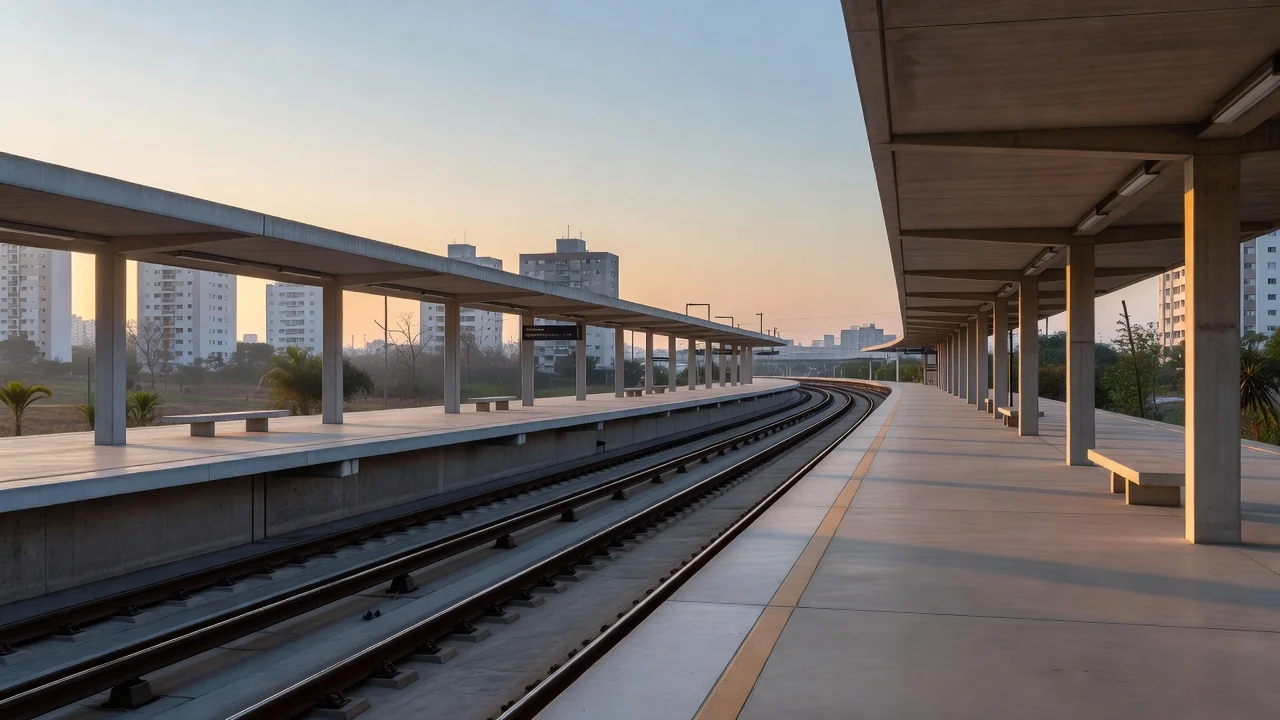 Estação de metrô e VLT em Brasília com luz natural, representando investimentos em transporte no DF