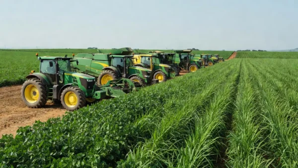 Máquinas agrícolas em lavoura rural brasileira