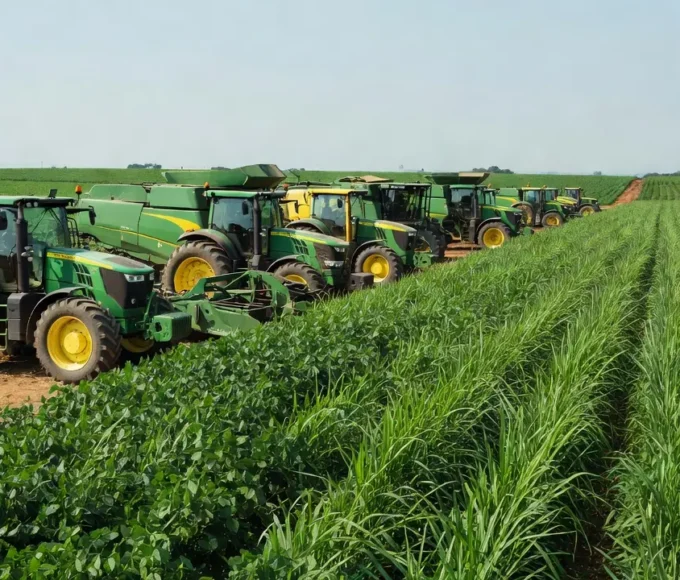 Máquinas agrícolas em lavoura rural brasileira