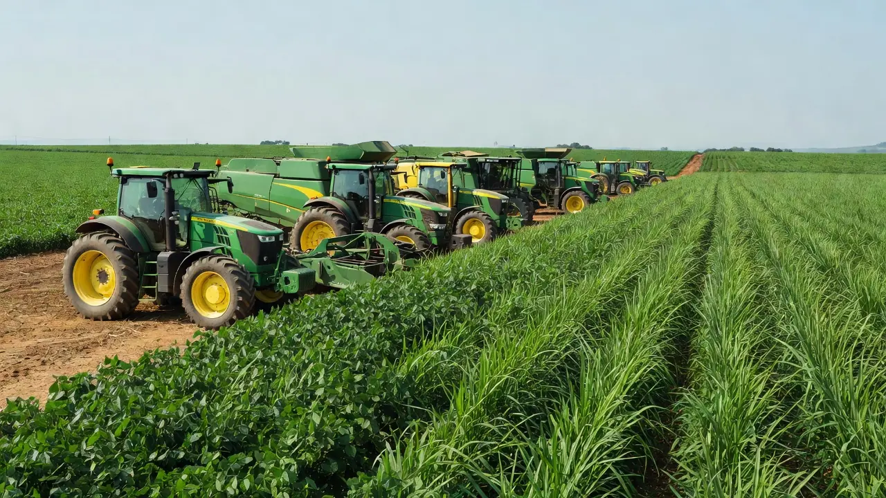 Máquinas agrícolas em lavoura rural brasileira