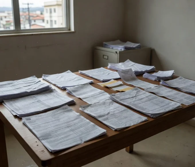 Documentos fiscais sobre mesa representando adiamento do Imposto Seletivo